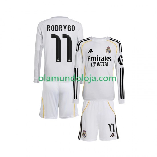 Camisola Real Madrid Rodrygo 11 Criança Equipamento Primeiro 2025-2026 Manga Comprida